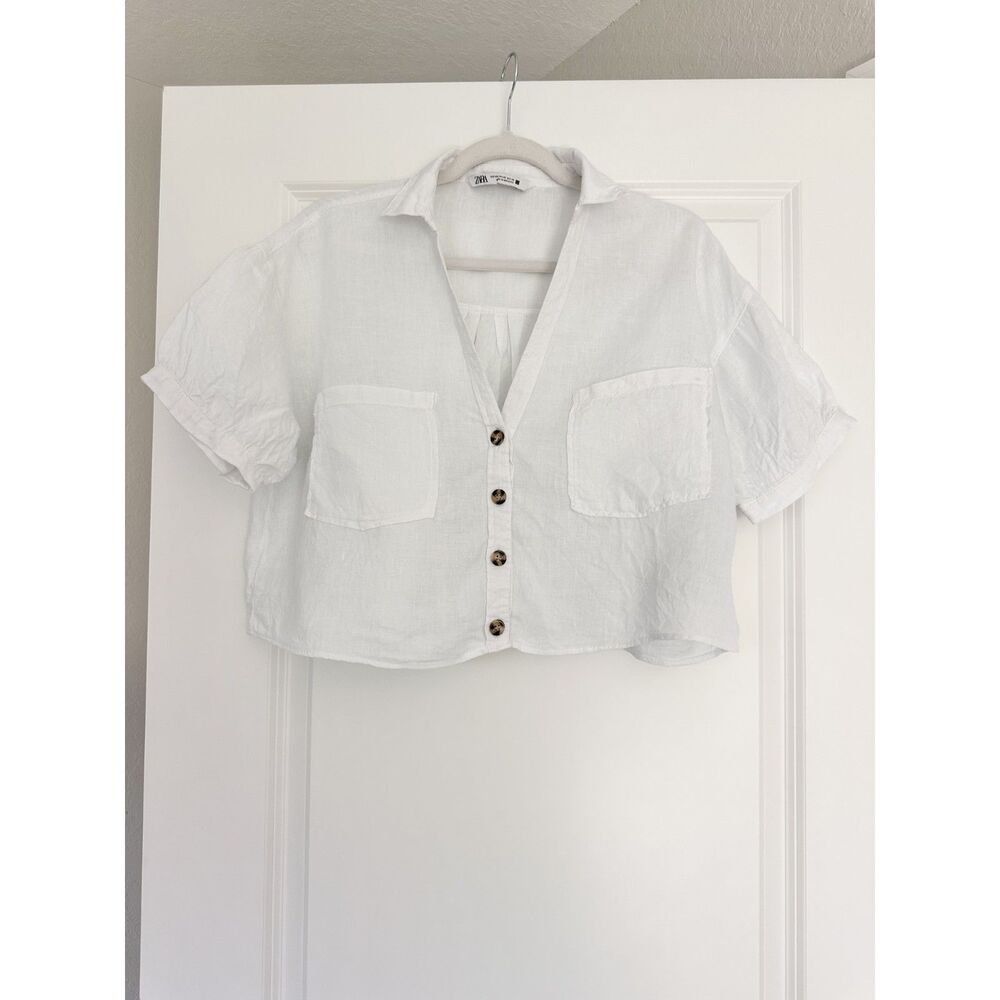 Zara Linen Shirt Women XS White Cropped Button Up Short Sleeve Boxy Blouse